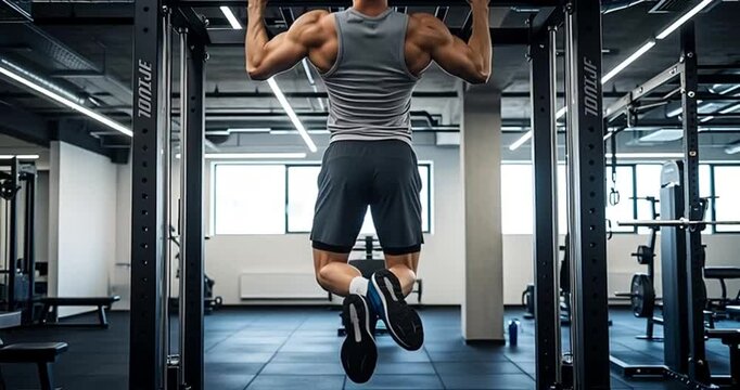 Rear view of a determined male athlete performing intense pull-ups on a metal bar at a modern fitness center, showcasing strength, dedication, and upper body training
