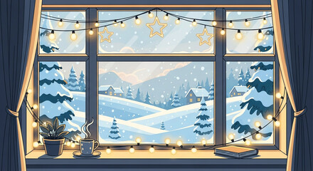 Cozy illustration of a window overlooking a snowy winter landscape with decorated string lights, a steaming mug of coffee, and a book, perfect for a warm and comforting atmosphere.