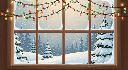 Naklejka premium A cozy illustration of a winter scene viewed through a window frame adorned with colorful Christmas lights and featuring snowy trees and falling snow, ideal for holiday or winter themes.