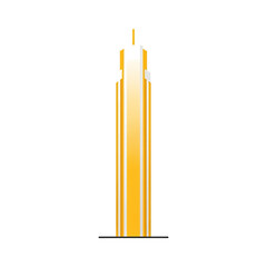 A tall, slender skyscraper with glowing yellow vertical accents against a white background.