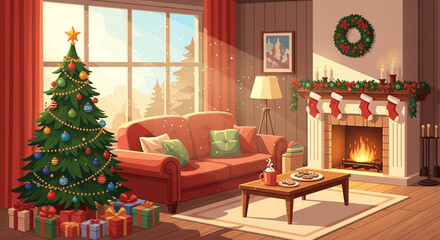 Illustration of a cozy living room decorated for Christmas, featuring a decorated tree with presents, a warm fireplace with stockings, and a festive ambiance, ideal for holiday themes