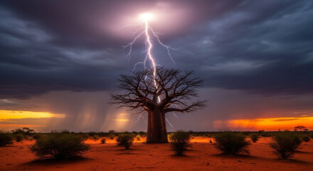 Dramatic lightning strike illuminates a solitary baobab tree against a stormy sky at sunset in africa