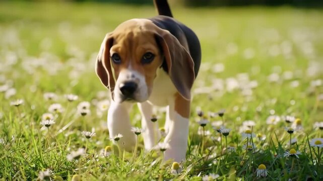 Beagle puppy walks forward in a daisy field, green grass, sunshine, for advertising or pet products