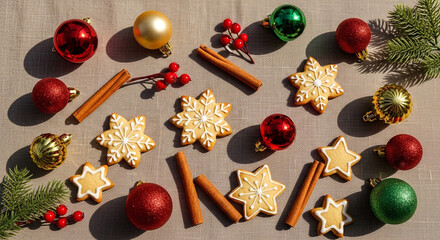 Overhead shot of Christmas ornaments, snowflake and star cookies, cinnamon sticks, and holly berries arranged on a textured neutral background, capturing the essence of the holiday season.