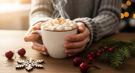 Cozy winter scene featuring a person holding a steaming cup of hot chocolate topped with marshmallows, with Christmas decorations and a warm sweater in the background.