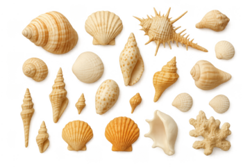 Varying seashells and coral on transparent background