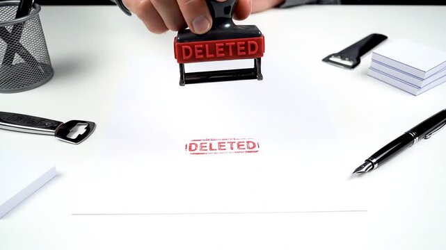 Deleting Documents: Hand Stamps Red "Deleted" on White Paper in Office Setting