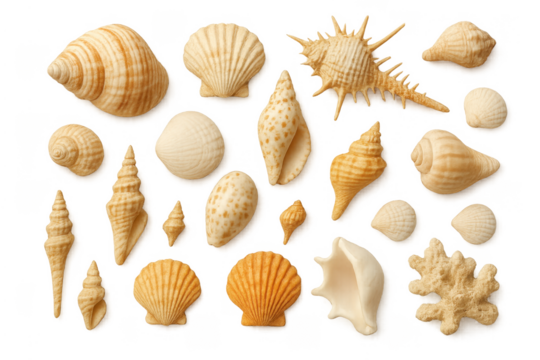 Varying seashells and coral on transparent background