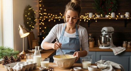 A smiling young woman wearing an apron is mixing batter in a bowl with a whisk in a cozy kitchen decorated for Christmas, featuring warm lights and holiday decorations