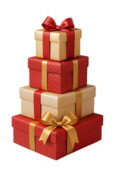Fototapeta premium image of a stack of beautifully wrapped gift boxes with ribbons and bows, isolated on a transparent background.
