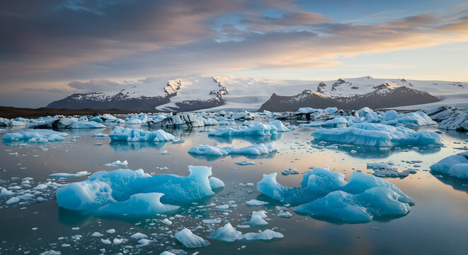 Icebergs float in glacial lagoon reflecting snowy mountains under a pastel sky