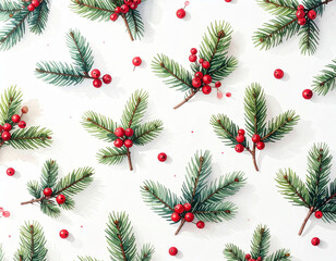 Fir branches with red berries background pattern, winter flat lay composition on whit 