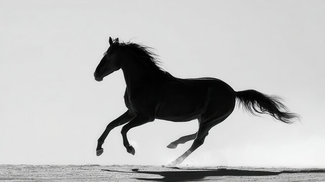 Black and white horse galloping swiftly across the sandy landscape, creating a striking silhouette and casting a dynamic shadow under bright sunlight
