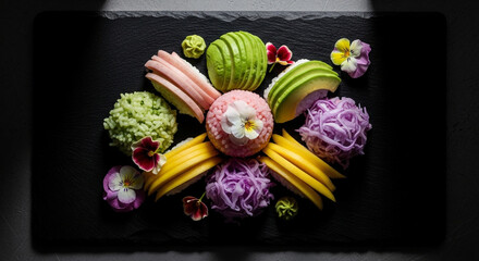 Artistically arranged fresh exotic fruits and vegetables displayed on a dark slate plate with delicate flower petals