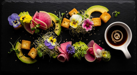 Artfully arranged colorful sushi rolls and avocado slices with edible flowers and dipping sauce on a dark slate