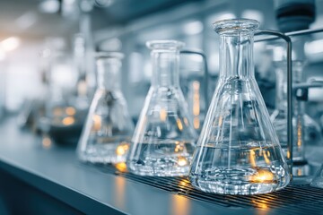Clear glass flasks on lab bench