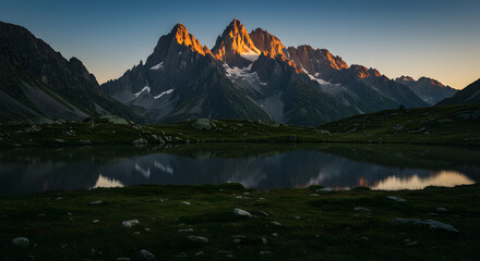 Mountain peaks reflect in lake surrounded by grassy hills and blue sky
