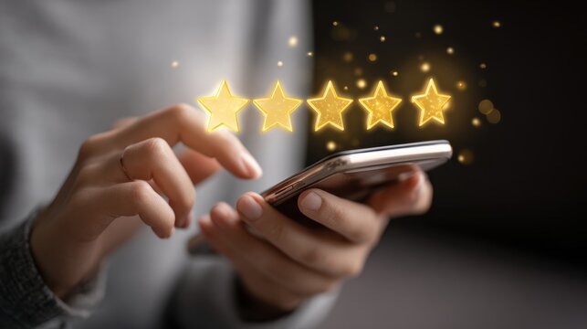 Person engages with positive customer feedback while using a smartphone in a cozy indoor space during evening hours