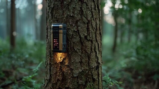 Medium shot of a sensorbased tree growth monitor attached to a tree trunk capturing realtime data on growth rates with LED indicators glowing softly.