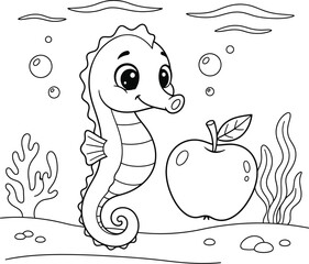 Cute Seahorse and Apple Underwater Coloring Page  Fun Ocean Animal and Fruit Line Art  Printable Cartoon Illustration for Kids