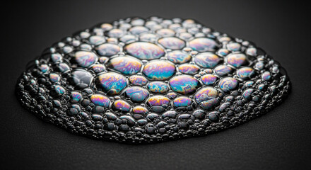 Macro photograph of iridescent soap bubbles forming a textured pattern resembling a seashell on a dark background