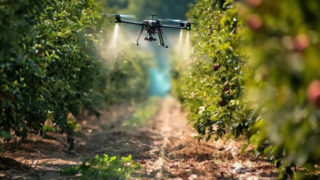 Medium shot of drones emitting ultrasonic waves to scare away pests from fruit orchards demonstrating noninvasive pest deterrence methods.