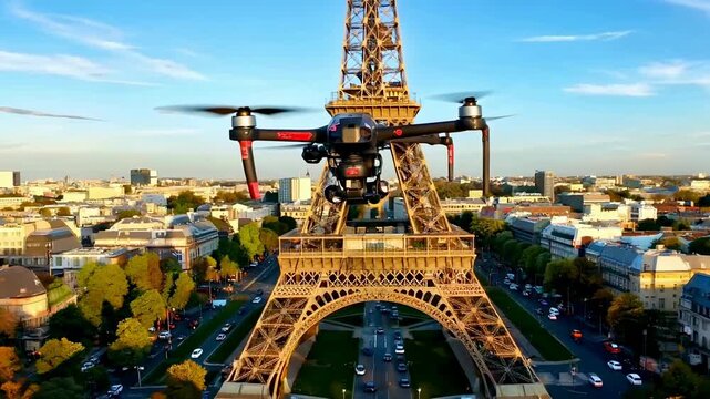 Drone flies around Eiffel Tower in Paris