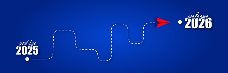Goodbye 2025, Welcome 2026 &ndash; Red Paper Airplane Flies Along Dashed Path on Blue Background &ndash; New Year Transition Concept for Banners, Social Media & Presentations