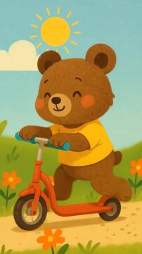 A playful cartoon bear rides a scooter under a sunny sky. The low-angle view adds charm, resembling a cheerful children's video scene. Live mobile wallpaper.