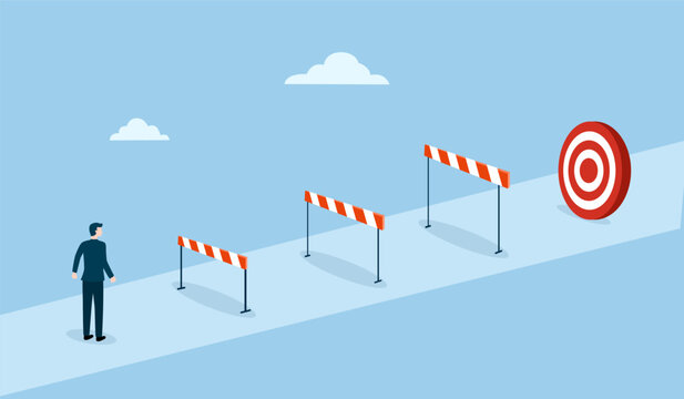 Overcome obstacles and success concept, obstacles or motivation to solve problem and lead company achievement, businessman jumping over hurdle race obstacle