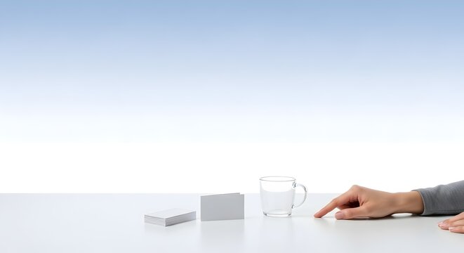 Business card design mock up on white desk with water and human hand touch