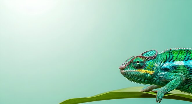 Captivating Chameleon on Leaf with Teal Background Showing Intricate Details and Vibrant Colors