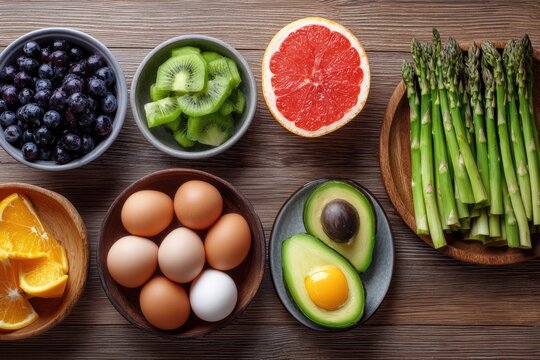 Assorted fresh fruits, vegetables, and eggs on a wooden surface