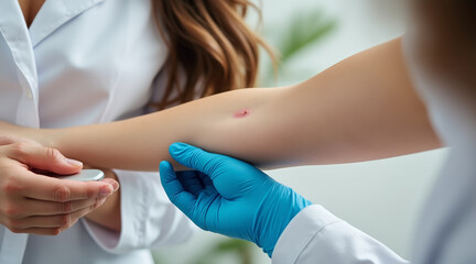 Patient arm mole examination by dermatologist wearing blue glove in medical office for skin checkup