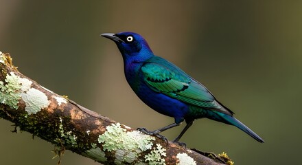 Obraz premium Colorful Purple Starling Bird Perched on Mossy Branch in Natural Habitat Environment