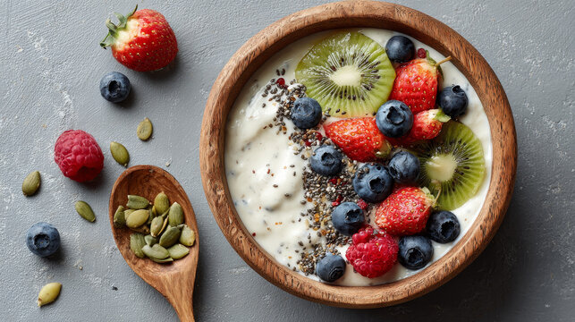 Gut Healthy concept ,Berry yogurt bowl kiwi blueberry raspberry chia seeds wooden bowl breakfast fresh healthy