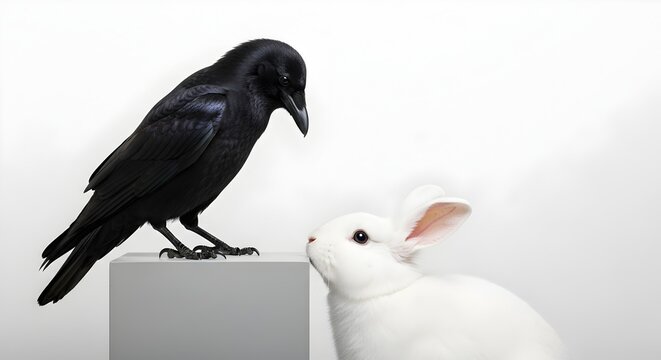 Contrasting Creatures A Striking Image of a Black Crow and a White Rabbit Together - Powered by Adobe