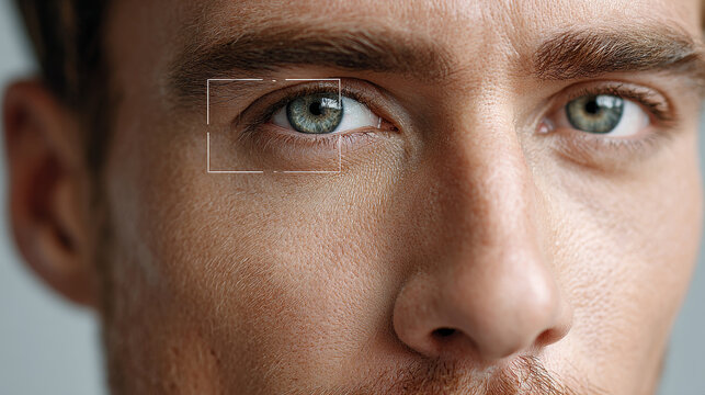 Lasik concept ,Closeup eye focus face detail male human iris biometric scan vision test facial recognition skin texture blue