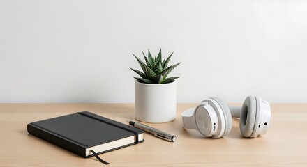 Desk workspace with succulent plant notebook pen and wireless headphones for study or work