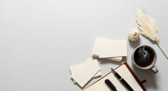 Creative Workplace with Coffee Notebook and Cards for Business and Personal Use Concept