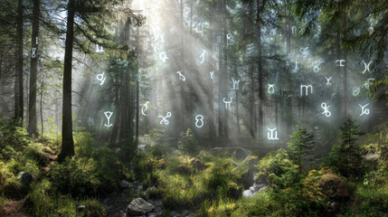 Obraz premium Mystical forest zodiac symbol sunlight ray evergreen tree moss stream foggy ethereal mood glow