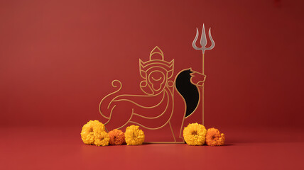 Golden outline of a mythological lion deity holding a trident, surrounded by marigold flowers on a red background