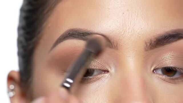 Close-up of a person applying eyeshadow with a brush, showcasing detailed makeup techniques
