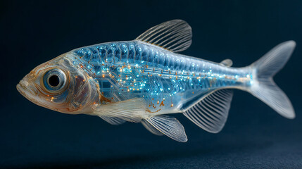Synthetic Biology concept , Transparent fish cybernetic circuit bioluminescent glow aquatic science concept surreal future vibe