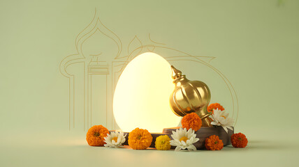 Decorative arrangement with golden lamp, marigold flowers, and glowing orb against a soft green background with subtle architectural outline