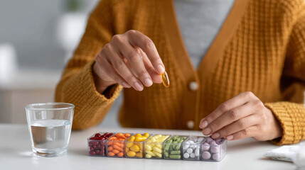 Vitamin D supplementation concept , Hand organizing vitamin D softgel pill organizer table daily routine health care calm