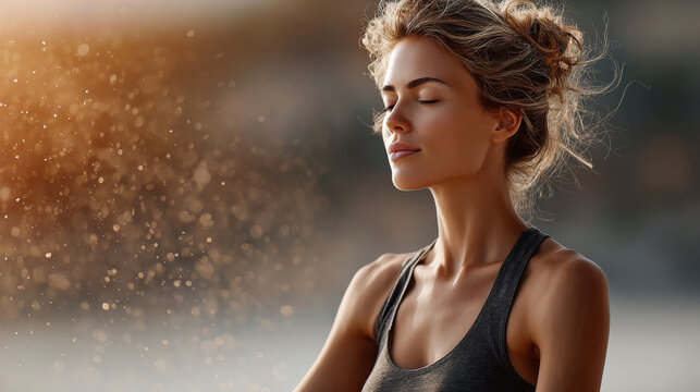 Vitamin D supplementation concept , Calm woman meditation sunlight serene peaceful golden fitness outdoor tranquil joy