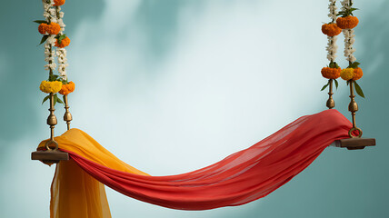 A colorful swing adorned with floral garlands and draped in vibrant orange and red fabric against a soft blue sky background.