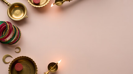 Traditional Indian festival decorations with brass oil lamps, bangles, and diya on a soft pink background