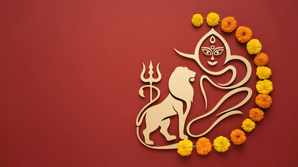 Wooden lion and trident symbol with floral garland on red background